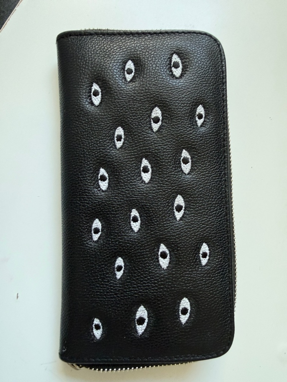 Min & Mon Black Zip-Around Wallet with White Eye Embroidery